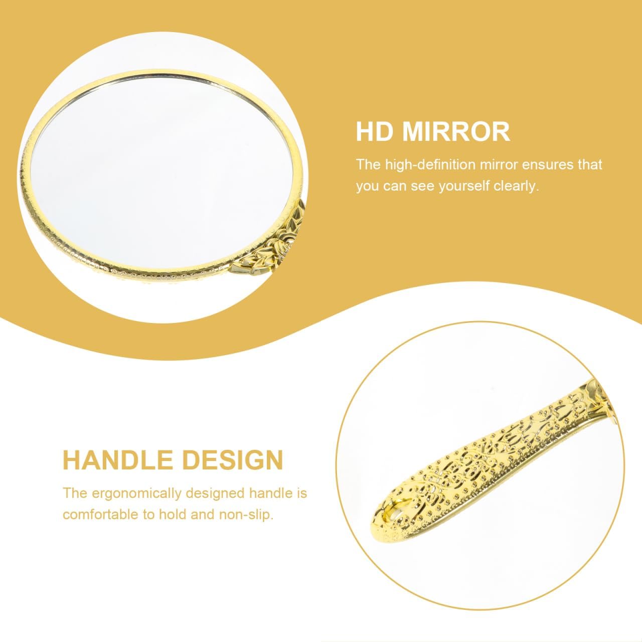 POPETPOP Vintage Compact Handheld Mirror: 24x13cm Golden Framed Round Makeup Mirror for Dressing Room