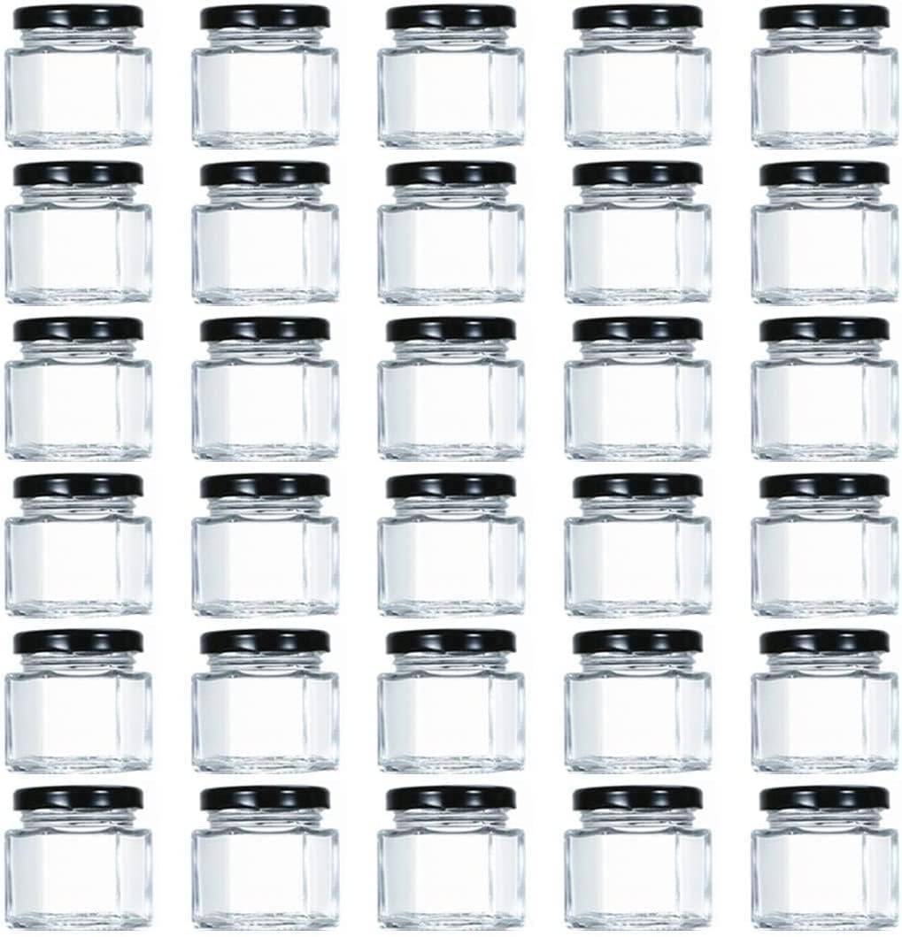 Elysianstores 30 Pack 1.5oz Mini Hexagon Glass Jars with Black Lids and Labels, Honey Jars Small Spice Jars Mason Jars for Spices, Gifts, Wedding Party Favors, DIY and More