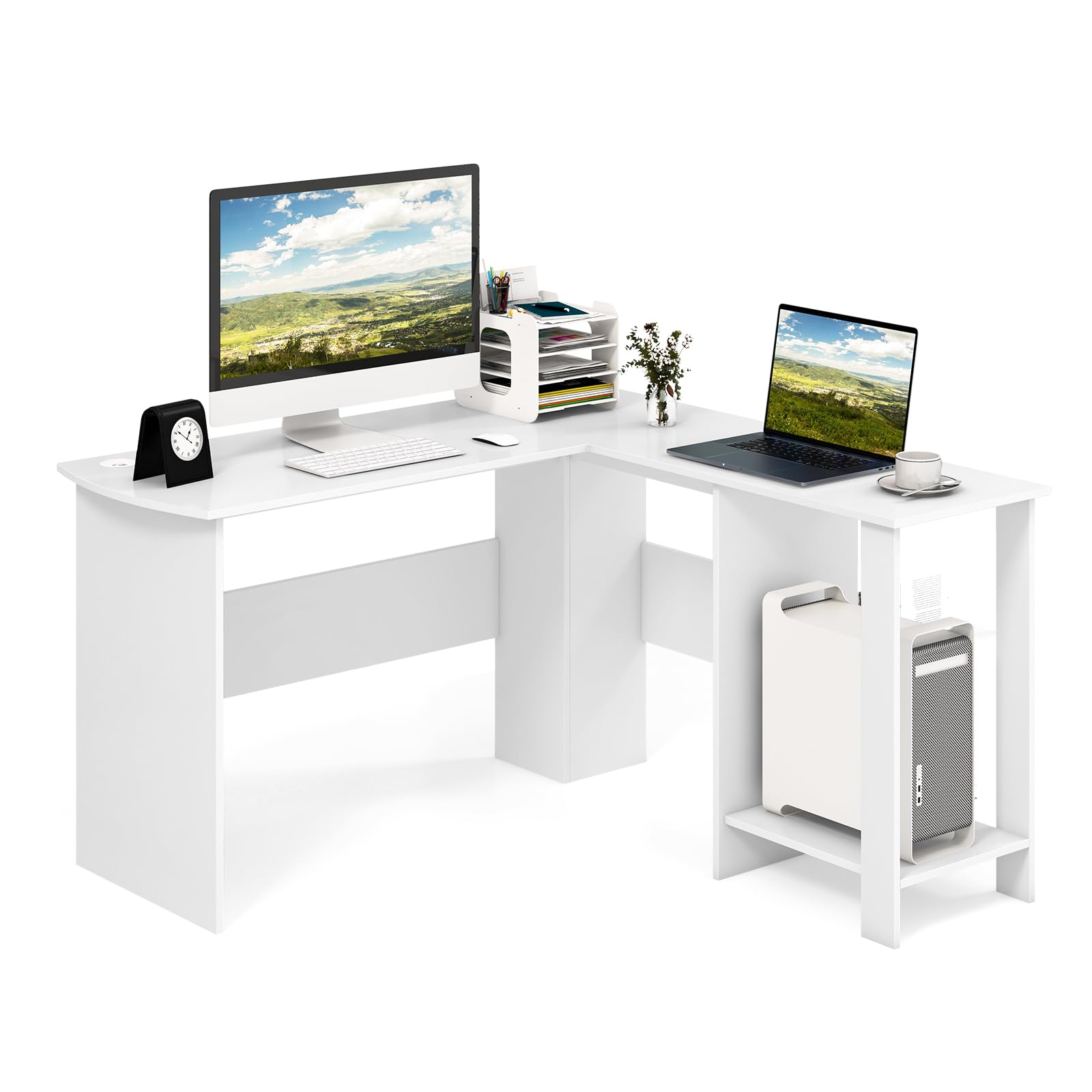 LIFEZEAL Escritorio de Esquina, Mesa para Ordenador en Forma de L, Estación de Trabajo con Estantes de Almacenamiento y Agujeros para Cables, Escritorio de Oficina, 130cm+130cm (Blanco)