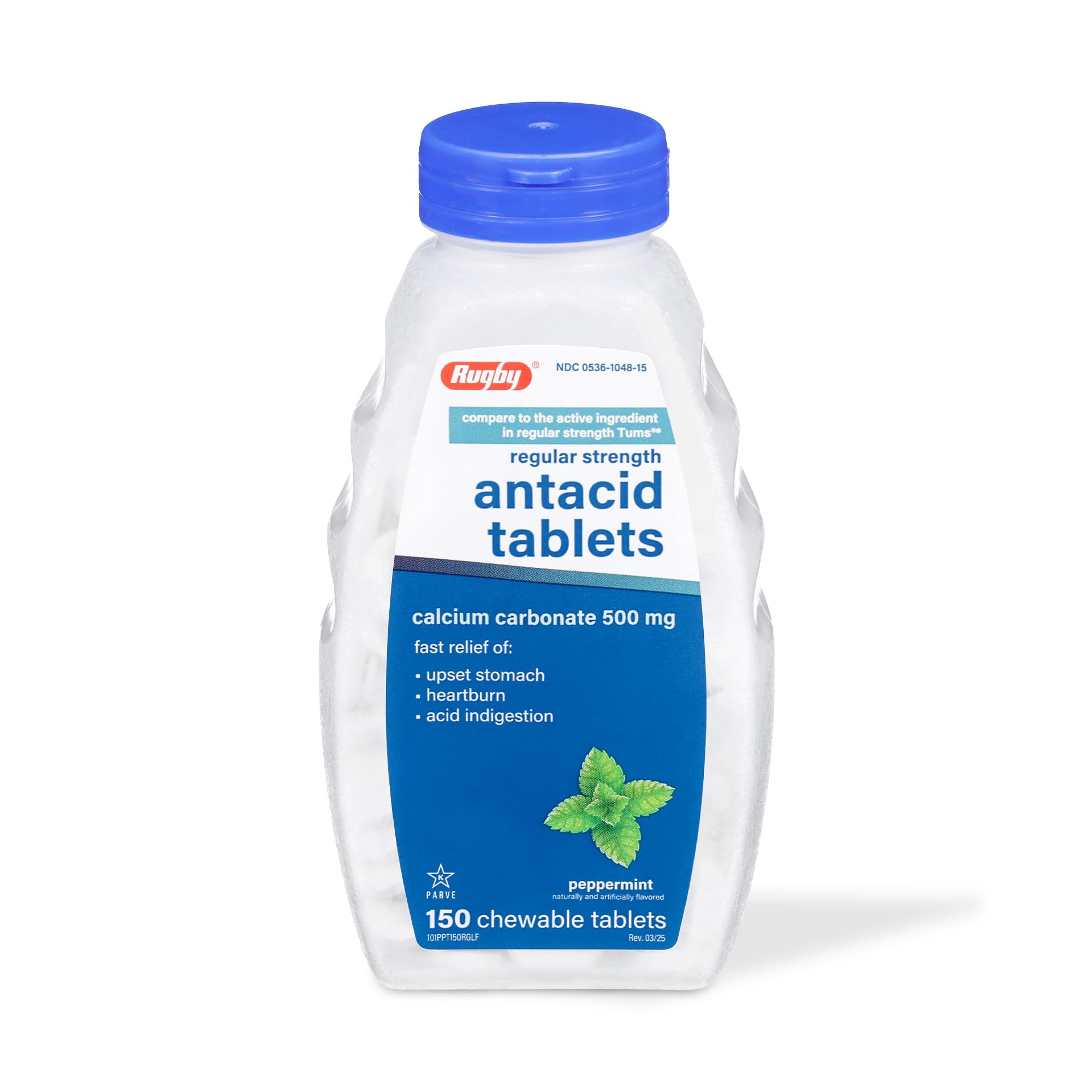 Rugby Regular Strength Antacid Chewable Tablets - Made with 500 mg of Calcium Carbonate - Peppermint Flavor - 150 Count