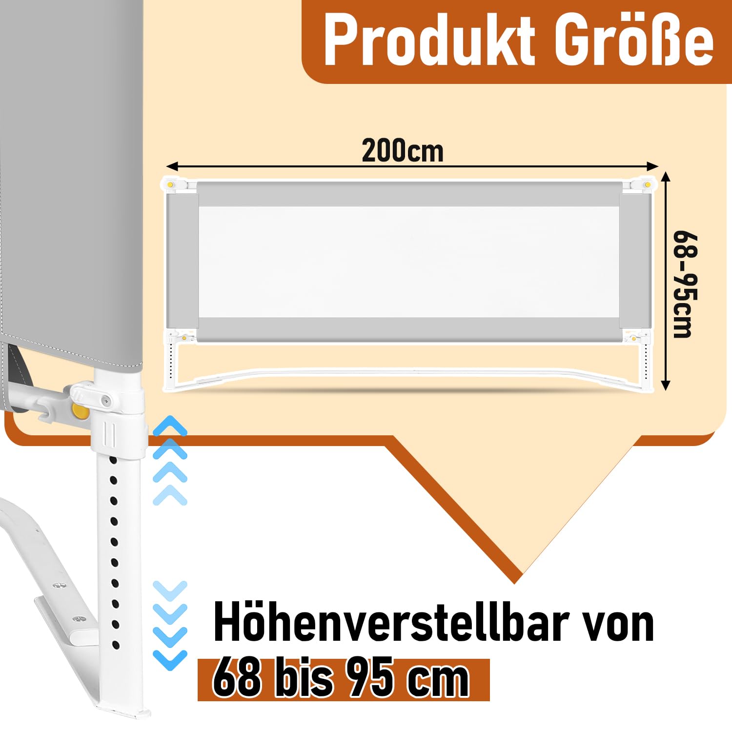 Barrera de cama de 200 cm, protección para cama infantil con patas en forma de U, plegable, protección contra caídas, altura ajustable, 68 – 95 cm, fácil de montar, color gris