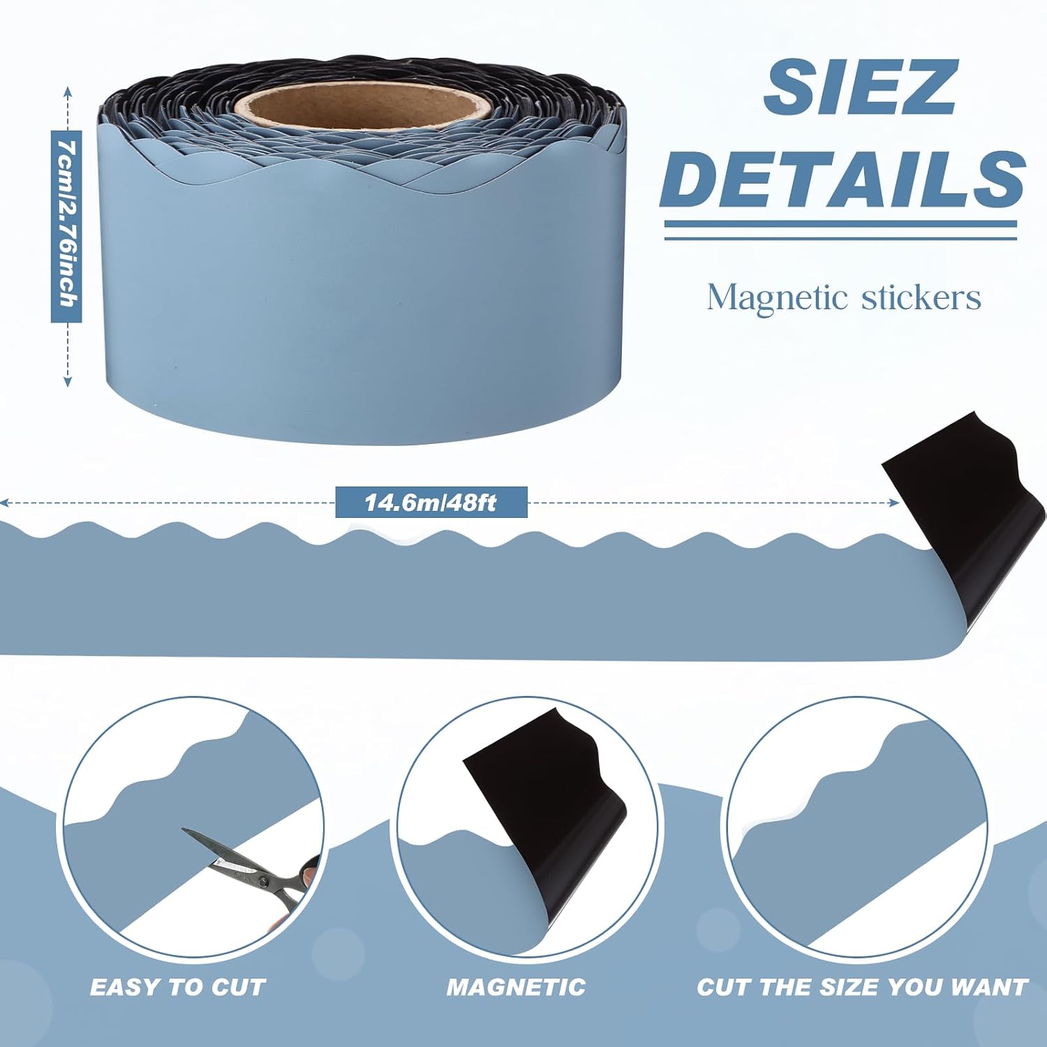 Tenceur 48 Ft x 2.76 Inch Large Magnetic Bulletin Board Borders Bulletin Board Trim for Classroom Whiteboard Decorations Scalloped Trim for Office Chalkboard Home Decoration(Light Blue)