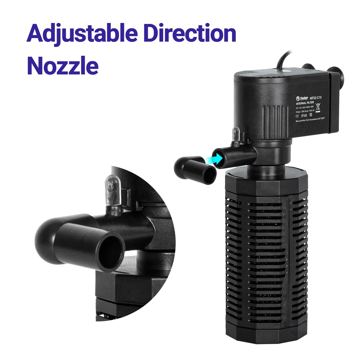 Yaubay Filtre interne d'aquarium 18 W pour aquariums de 280 à 300 litres, filtre biochimique pour aquarium avec système d'aération, filtres submersibles silencieux, 264 GPH