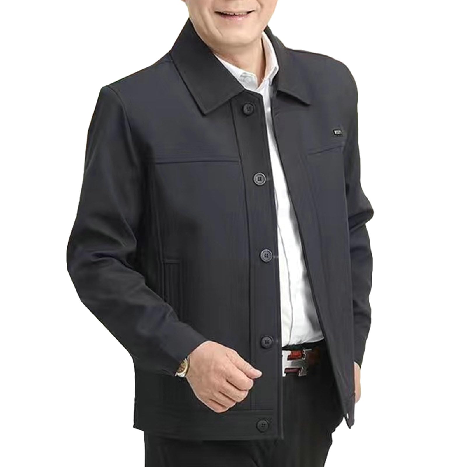Men Jacket with Side Pockets Fall Spring Father Thin Solid Color Lapel Long Sleeve Loose Button Up Straight Cardigan Casual Mid Length