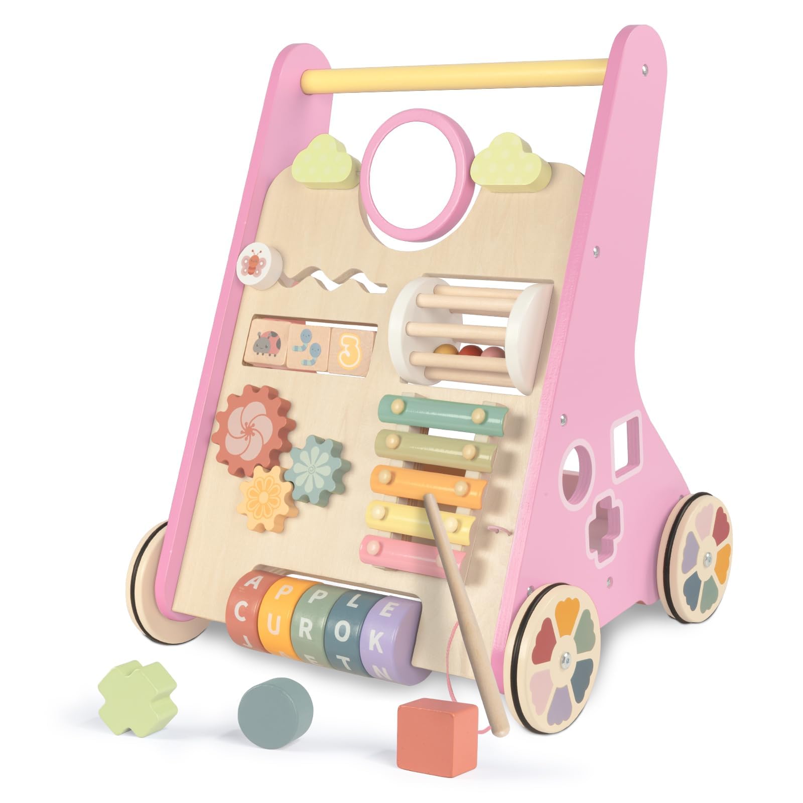 LOL-FUN Lauflernwagen Holz mit Spiel, Lauflernhilfe für Baby ab 1 Jahr Rosa | Lauflernhilfe mit Motorikspiel, Multi Aktivitäten Spielzeug für 1 Jahr Jungen Mädchen