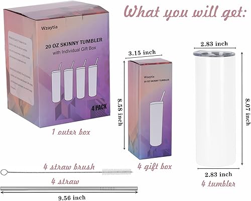 Miniatura 2 de Paquete de 4 vasos rectos y delgados de 20 onzas, en caja de regalo individual, de acero inoxidable, a granel, vasos delgados de viaje de 20 onzas