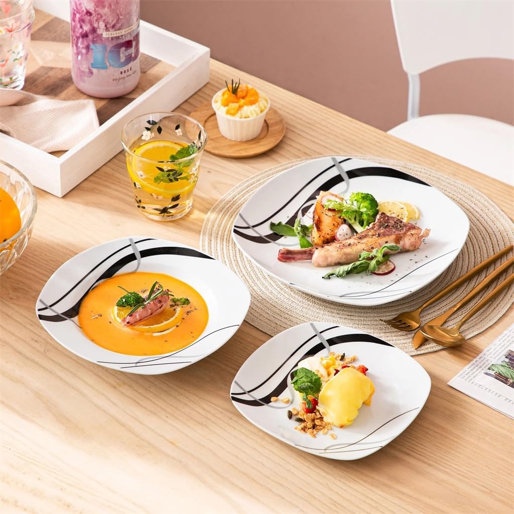 18 Pieces of Ceramic Black Line Kitchen Tableware Plate Set with Dinner Dessert Soup