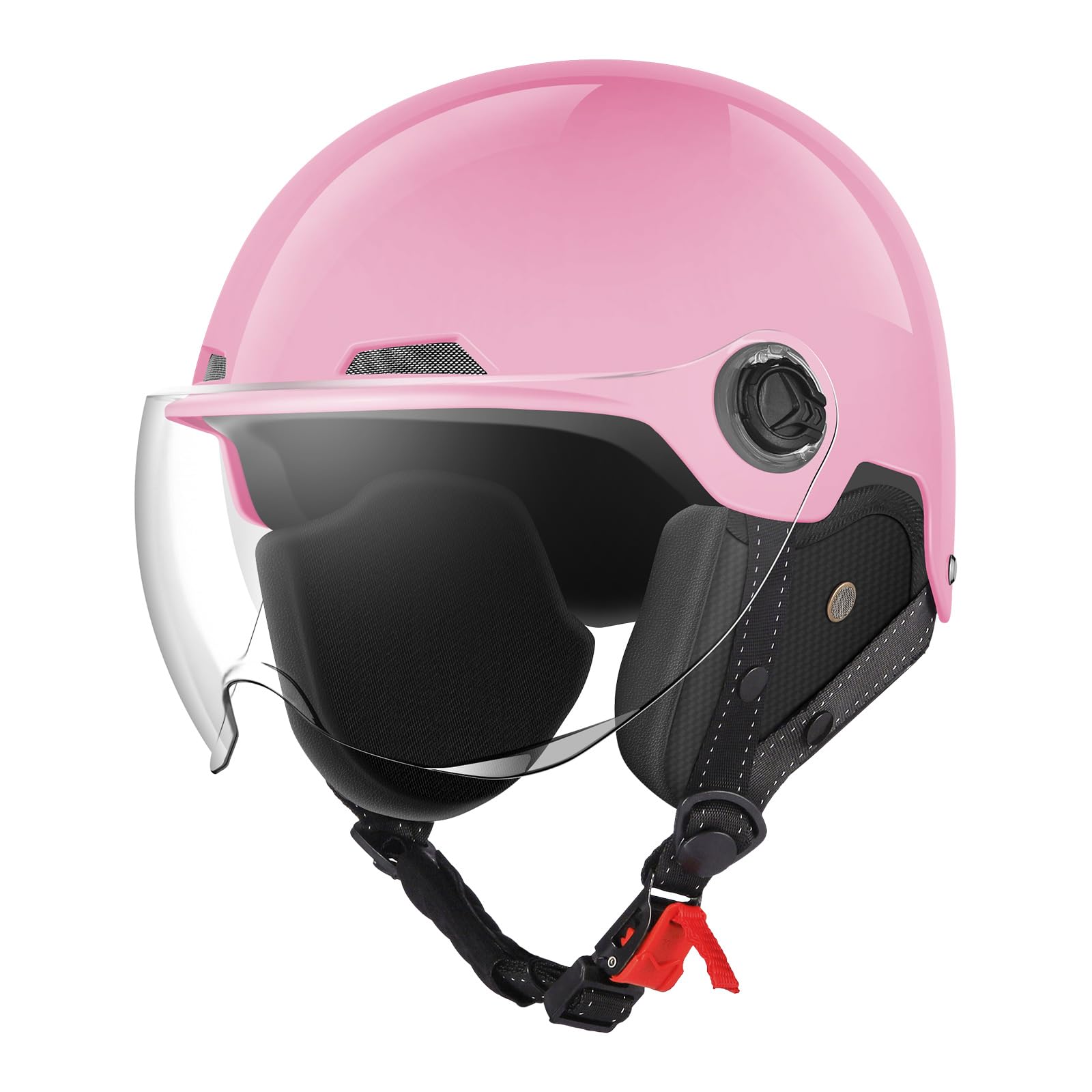 Photo 1 of **MISSING WINDSHIELD CLAMP**Motorcycle Helmets DOT Certified, German Style Half Helmet Electric Bike Scooter with Windshield Glasses Cool Retro Helmet for Men and Women (Pink, L)