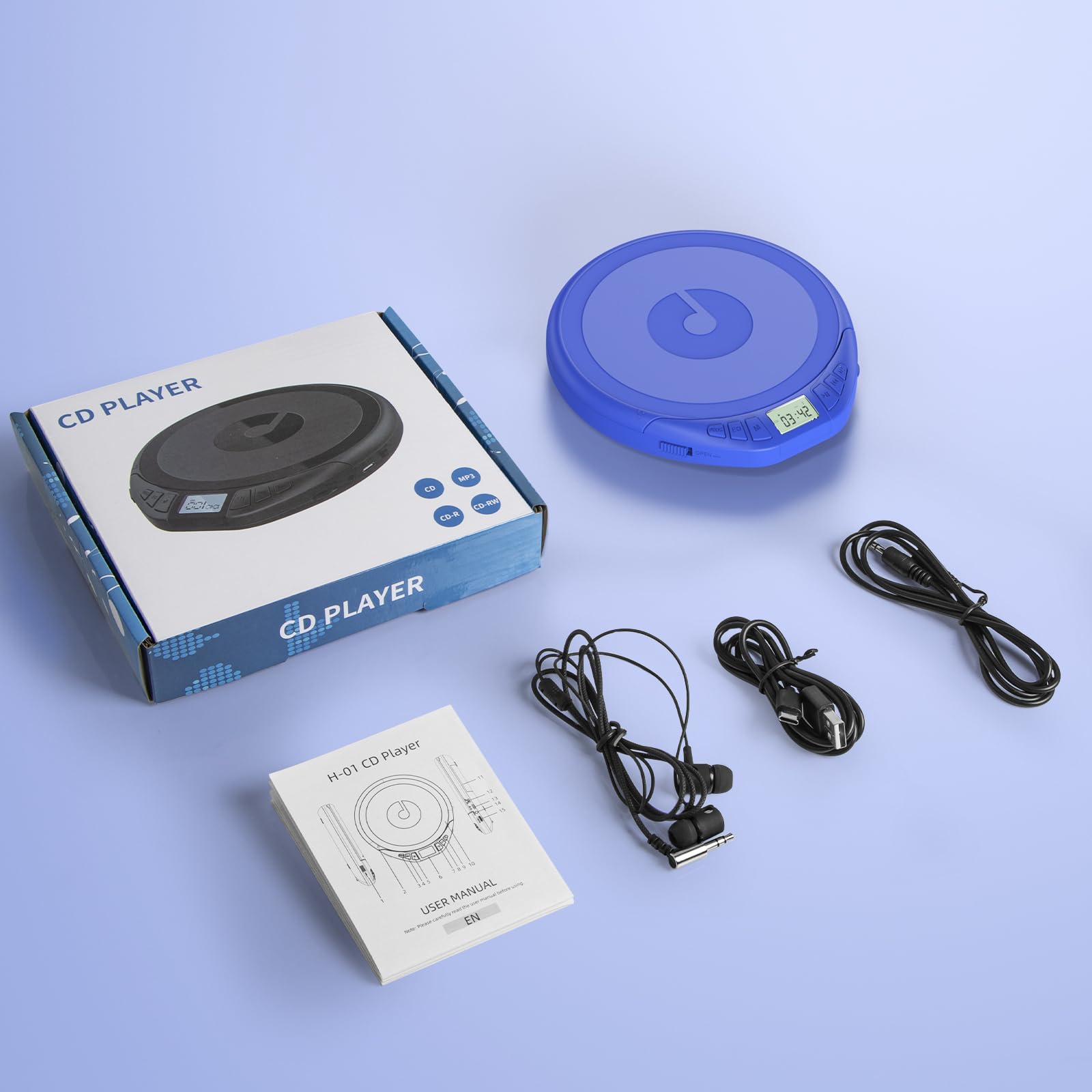 Gueray Lettore CD portatile Dsicman: con auricolari per auto con anti-skip antiurto con display LCD Supporto funzione di ripetizione memoria PROG (blu)
