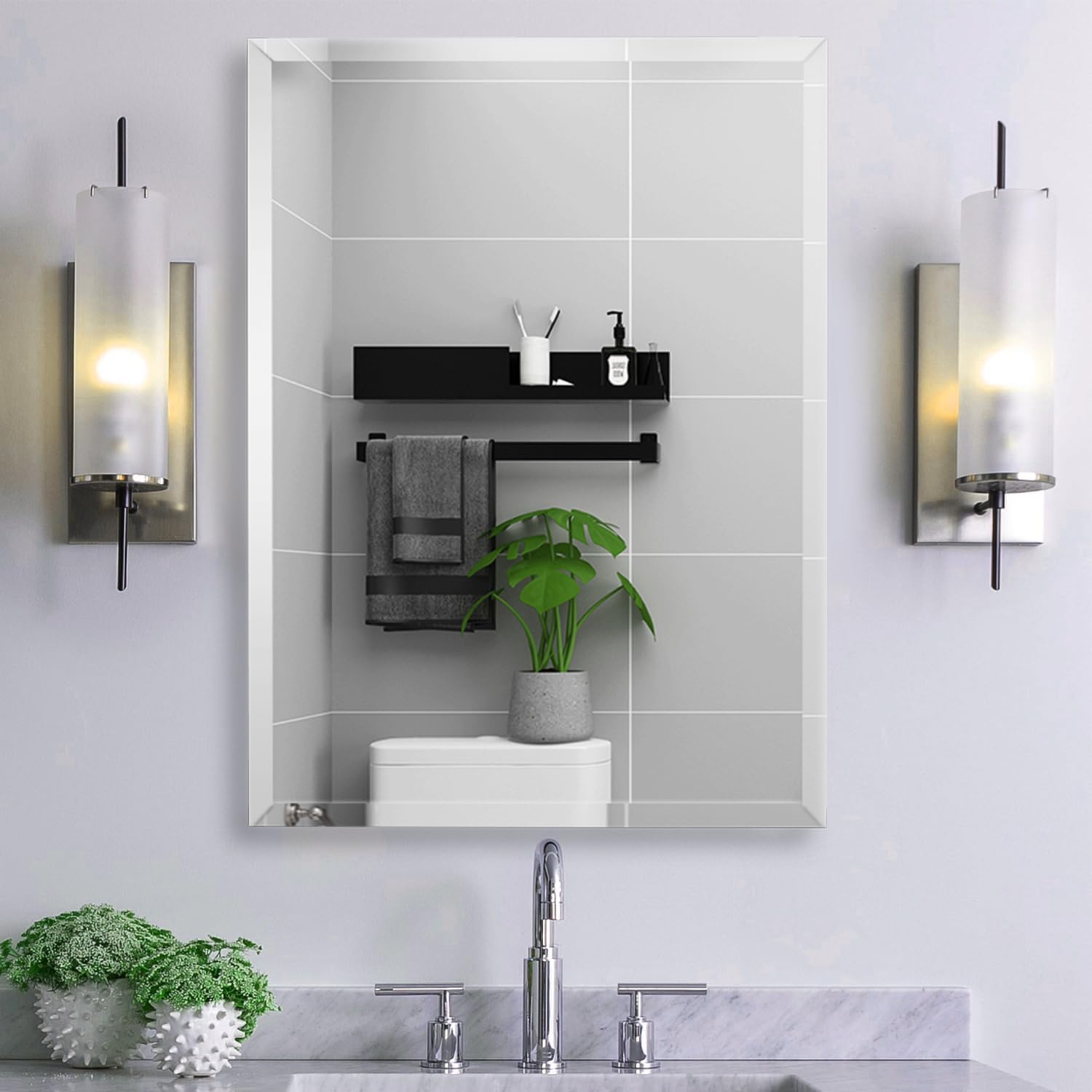 Frameless Beveled Edge Bathroom Mirror 24x32 Inch Rectangle Beveled Mirror Wall Mirror Explosion Proof and Shatterproof Bathroom Vanity Mirror Wall Mounted Hang Firmly (Horizontal or Vertical) 24"L x 32"W