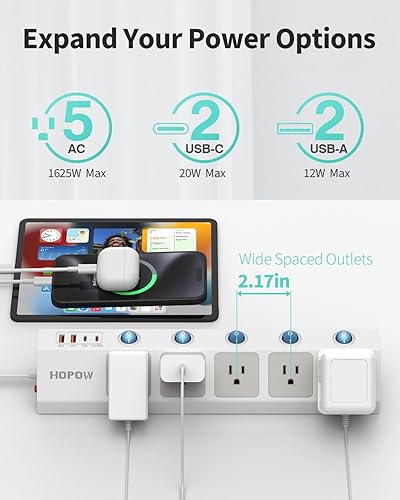 Miniatura 9 de HOPOW Regleta de alimentación de enchufe plano con interruptores individuales, cable de extensión plano ultrafino de 10 pies, protector de