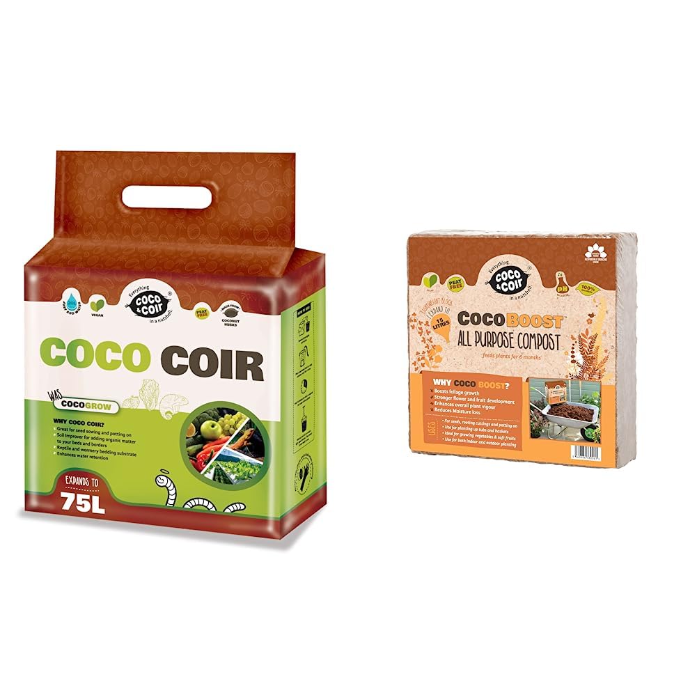 COCO & COIR Coco Soil Coconut Fibre. 100% Natural Organic Coconut Coir Compost Brick. Reptile Tortoise Bedding - Coco Grow (75L) & Coco & Coir Peat-free Compost. Potting Compost with 6 months