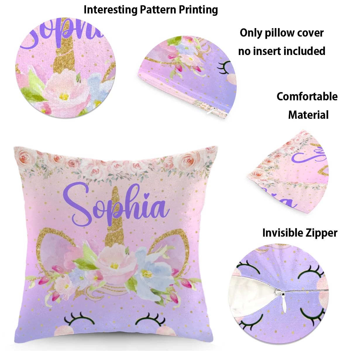 Personalized Cute Unicorn Square Pillowcase with Flower for Kids-Girls,Custom Name Cushion Covers,Custom Gifts Throw Pillow Cover for Children Birthday,for Sofa Car Bedroom (Cover Only),Pink Purple