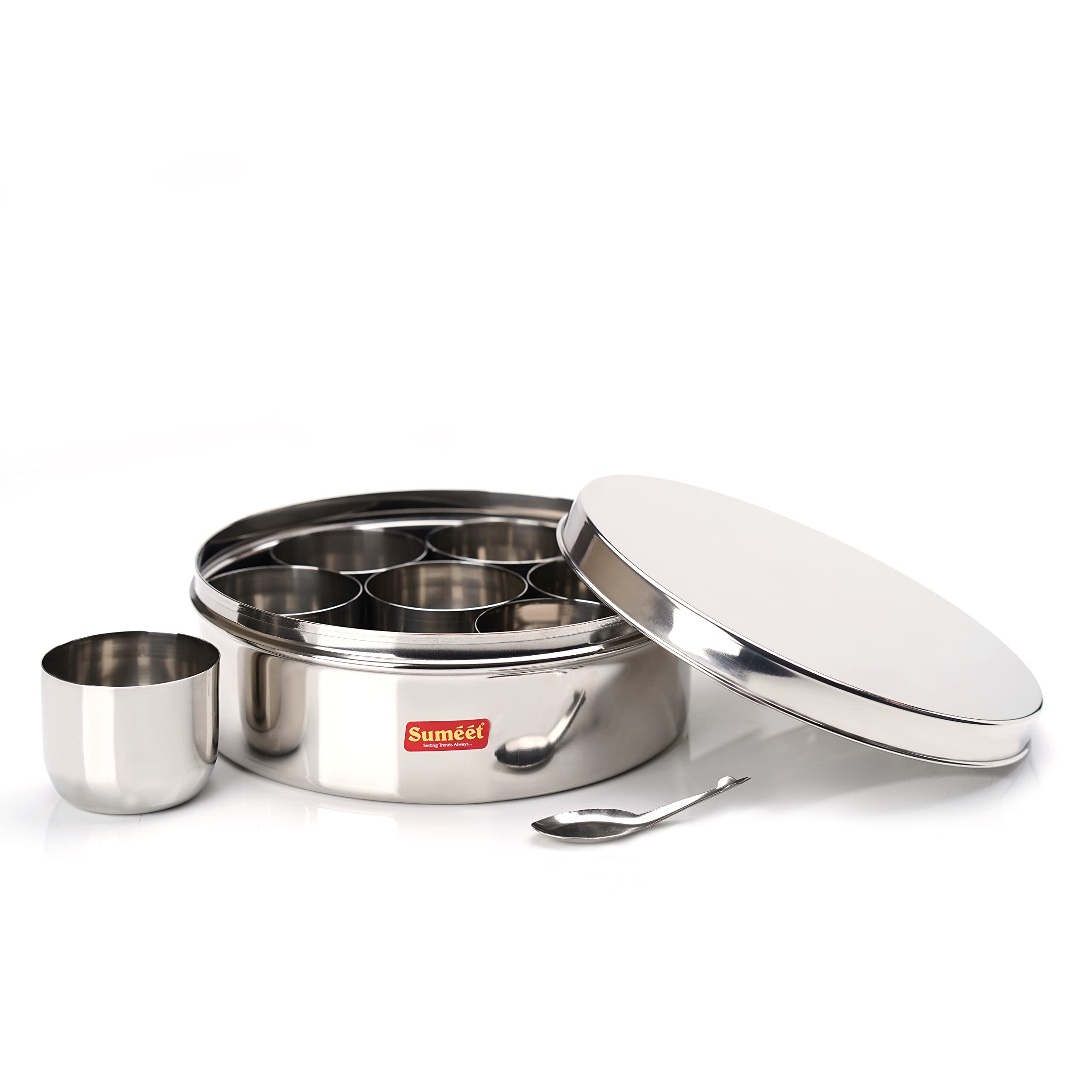 Sumeet Stainless Steel Round Masala (Spice) Box/Organiser with See Through Lid With 7 Containers and Small Spoon Size 12 (2Ltr) (20.5cm), Silver (B09R4TXB7L) Amazon Price History, Amazon Price Tracker