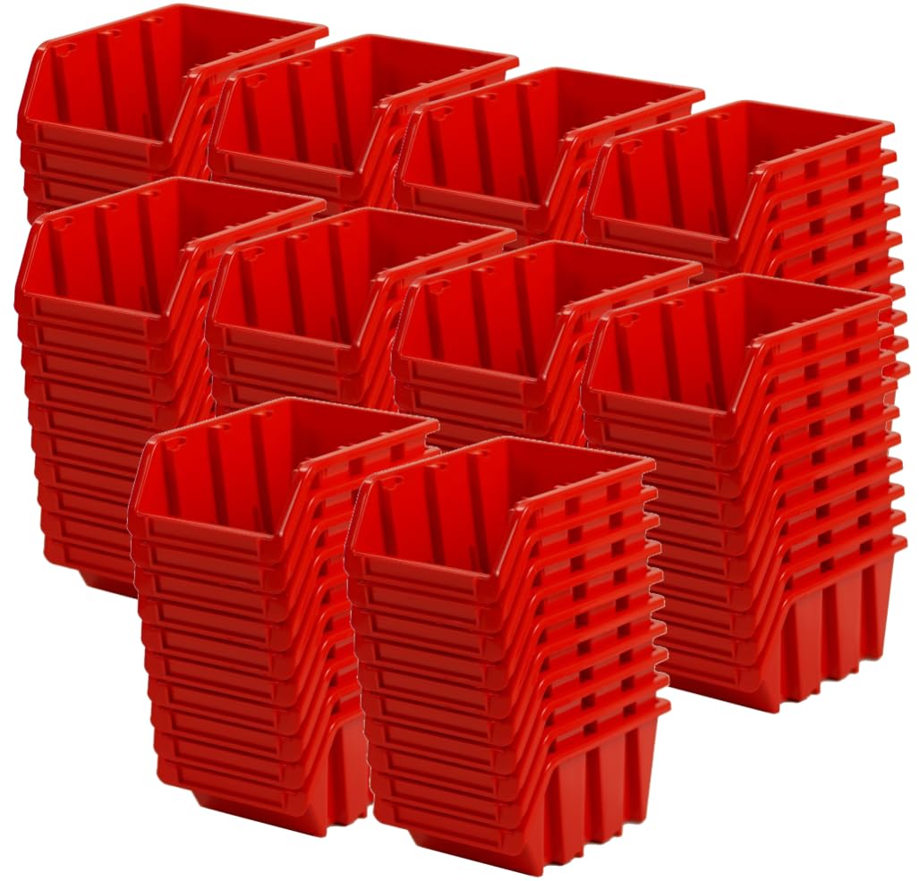 Sichtlagerkasten 155x100x80 mm 100 Stück | stapelbare Lagerbox, Kunststoff, Rot, Werkstatt, Garage, Wandmontage, robuste offene Aufbewahrungslösung