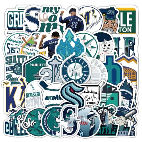 Image of 50 PCS American Sport Team Stickers Pack for Water Bottle, Laptop, Bicycle, Computer, Motorcycle, Travel Case, Car Decal Decoration Sticker (50pcs Seattle Stickers)