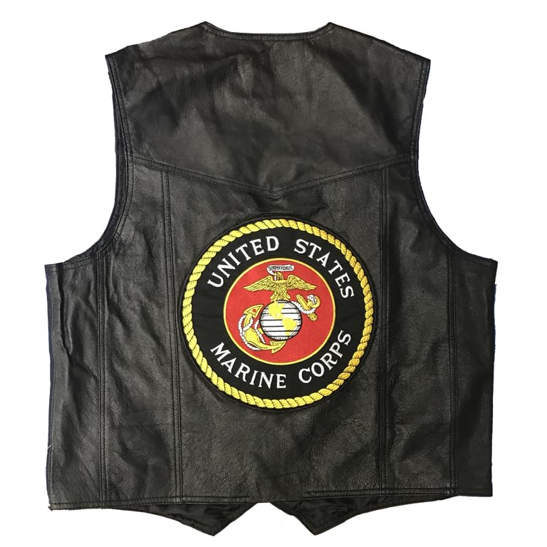 U.S. Marine Corps Leather Vest, Black, Classic Fit, Military Logo Back Patch, Snap Closure