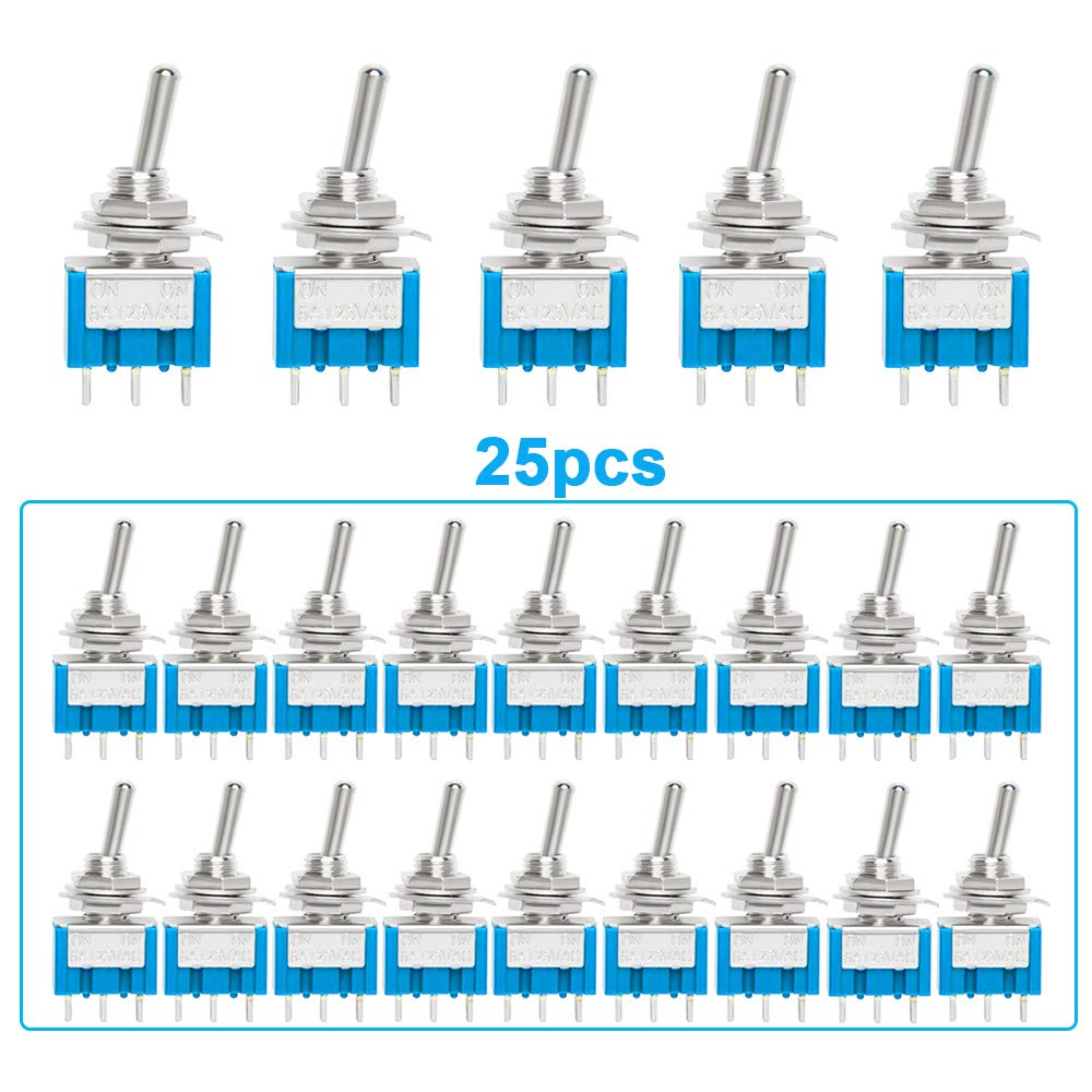 25Pcs Premium 6A / 125VAC Mini Toggle Switch, 3 Pins 2 Position Locking SPDT Rocker Toggle Switch, MTS102 Toggle Switch