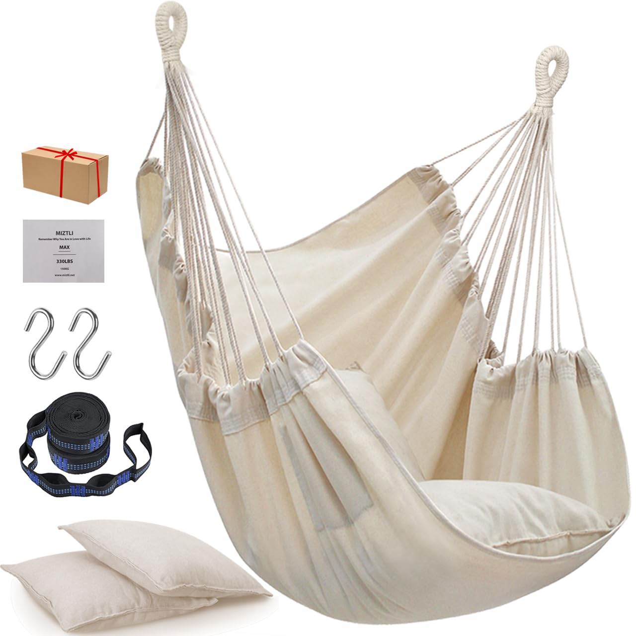 Hammock Chair Hanging Swing Chair for Bedroom-Hammock Swing with Pocket-Max330lbs-Indoor&Outdoor-2 Cushions-No Spreader Bar