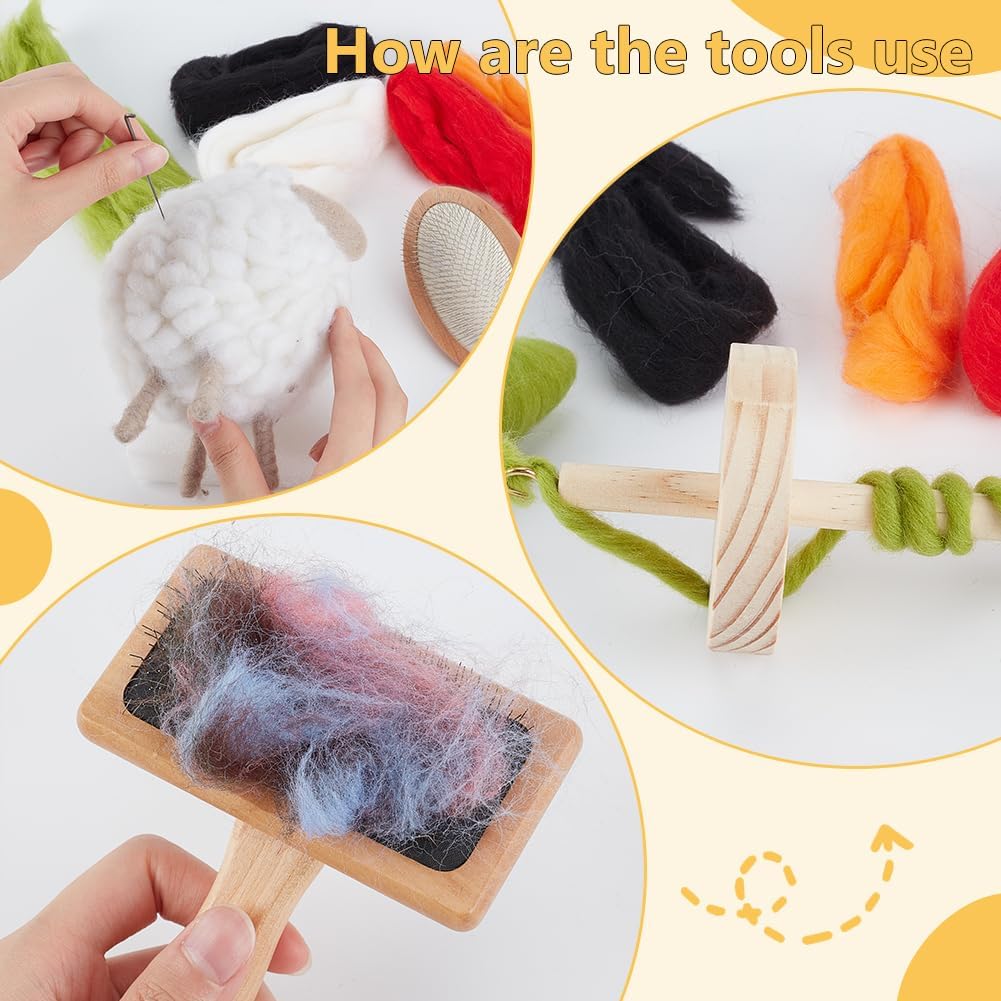 BENECREAT 4Pcs Wooden Wool Carder, Slicker Brush Wood Spinning Tool Felting Tool Kits with 12Pcs Craft Wool Needles for Yarn Blending, Spinning, Weaving Craft Project Supplies