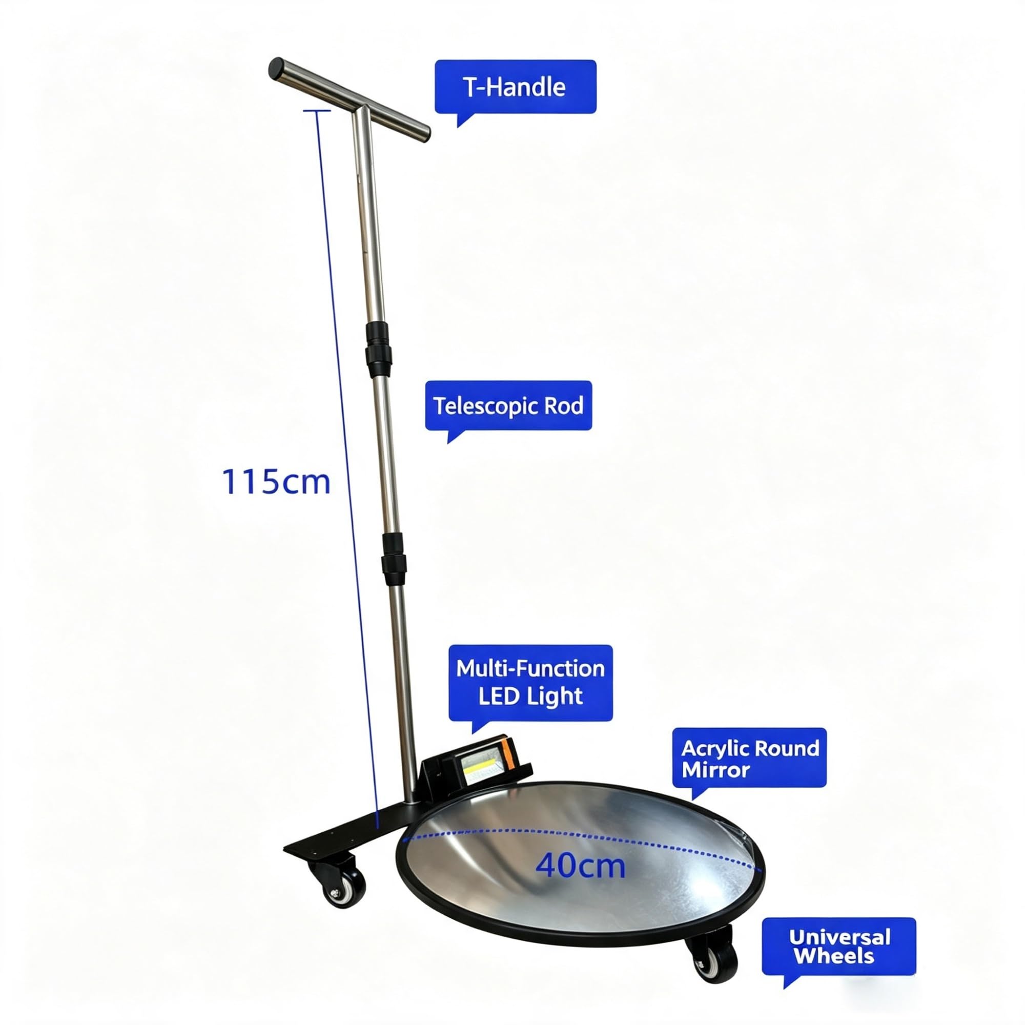 Miroir d'inspection sous véhicule avec lumière LED, miroir convexe de 40 cm