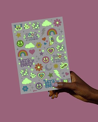 Miniatura 5 de xo, Fetti Groovy Disco que brilla en la oscuridad + tatuajes temporales de aluminio – 82 piezas | Suministros de fiesta de cumpleaños Flower Power,
