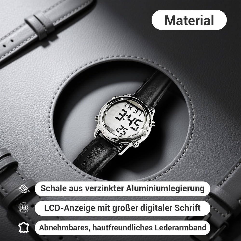 Orologio da polso da uomo parlante tedesco, orologio da polso radio, LCD, grande numero, facile da leggere, visualizzazione data e ora, per ciechi, anziani e malati di demenza