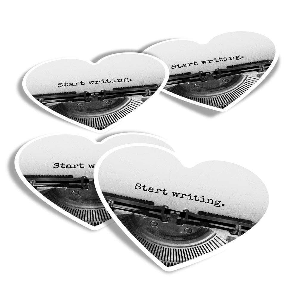 Vinyl Heart Stickers (Set of 4) - BW - Start Writing Typewriter Writer Fun Decals for Laptops,Tablets,Luggage,Scrap Booking,Fridges #36119