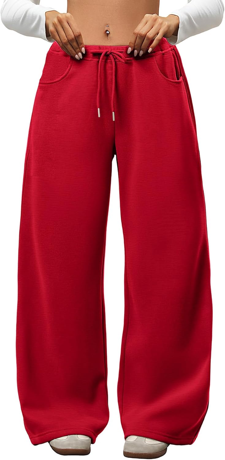 ELLEVEN Womens Wide Leg Fleece Lined Sweatpants – Low Rise Drawstring Baggy Cotton Lounge Pants with Pockets, Warm and Cozy
