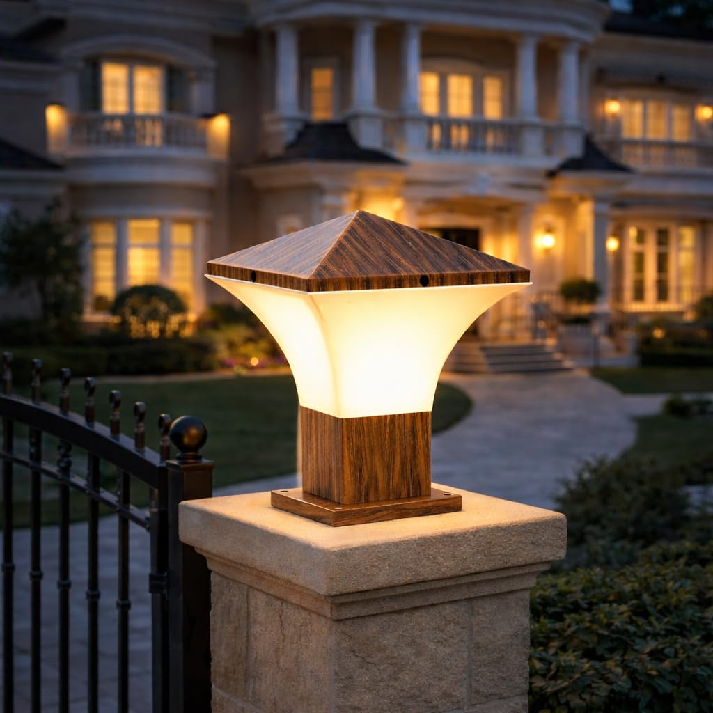 Decorative Wood Look Outdoor Pillar Gate Light Pack of 1 | Waterproof for Villa, Boundary, Garden Pathway, Driveway, Porch, Farmhouse, Hotel, Resort, Lawn, Backyard, Outdoor Decorative