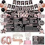 60th Birthday Decorations for Women, Rose Gold Black Back in 1966 Party Supplies Kit with Happy 60th Birthday Banner, Crown, Sash, Backdrop, Cake Topper, 60 Years Old Birthday Decorations
