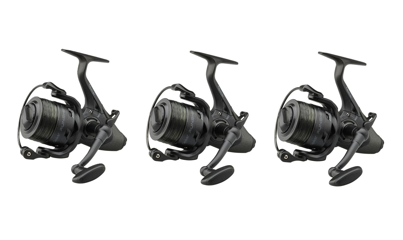 Bundle 3X Quick Runshift 3L 5000 FS Freilaufrolle mit Camo Schnur | 3 Freilaufrollen, bespult mit 0,33 mm Camo-Monofil (12 lb), inkl. Ersatzspule, 11 kg Bremse – ideal für Karpfenangler
