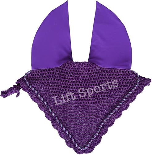 Miniatura 16 de Full/COB/Pony Horse Ear Bonnet 30 colores Fly Veil Crochet con ribete (pequeño/pony, rojo)