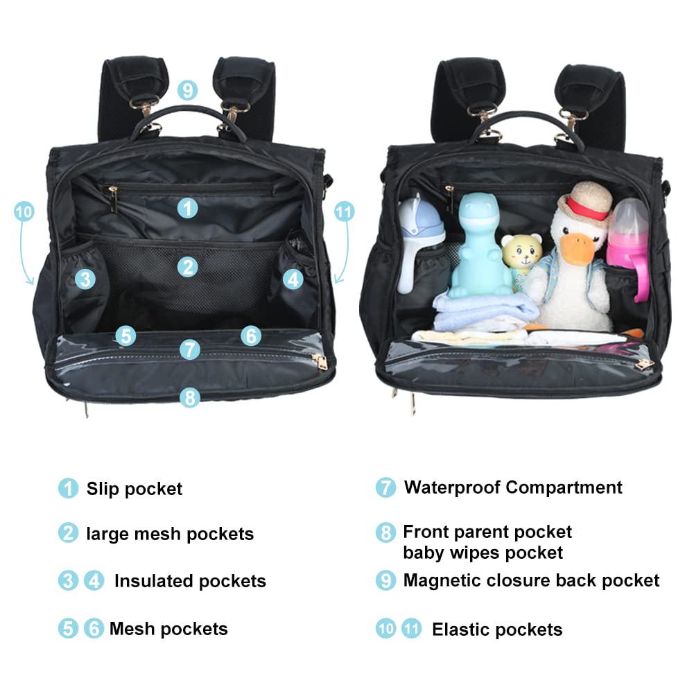 Clearworld Mochila para pañales – Bolsas acolchadas para pañales de viaje para bebés niñas y niños, bolsa cambiadora convertible, bolsillos aislados, gran capacidad, impermeable y elegante, color