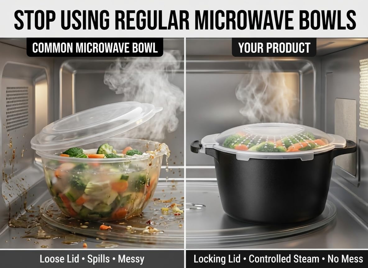 Microwave Vegetable Steamer & Rice Cooker Bowl with Locking Lid – 2 Quart No Spill Microwave Cookware Container, BPA Free, for Steaming Veggies, Meal Prep & Reheat