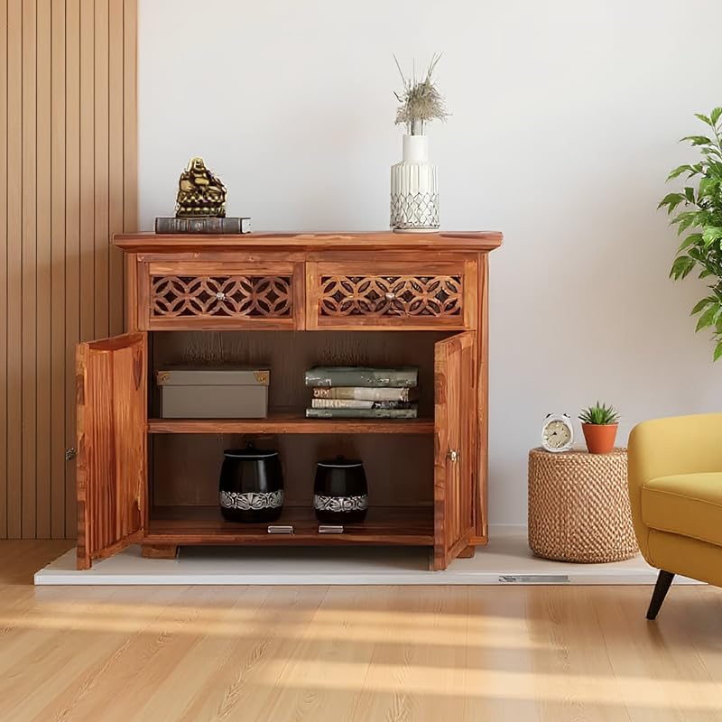 Image of Amazon Brand - Solimo Solid Sheesham Wood Malta Sideboard Cabinet with 2 Drawer and 2 Door Storage for Living Room Home and Office (Honey Finish)