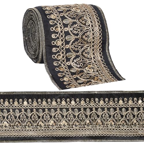 CABODYALS 3.46 Inch Wide Black Floral Embroidered Ribbon Gold Sequin Bead Jacquard Fabric Applique Ribbons Polyester Boho Embroidery Woven Trim Tape for Sewing Making Crafts Clothes Bags Embellishment