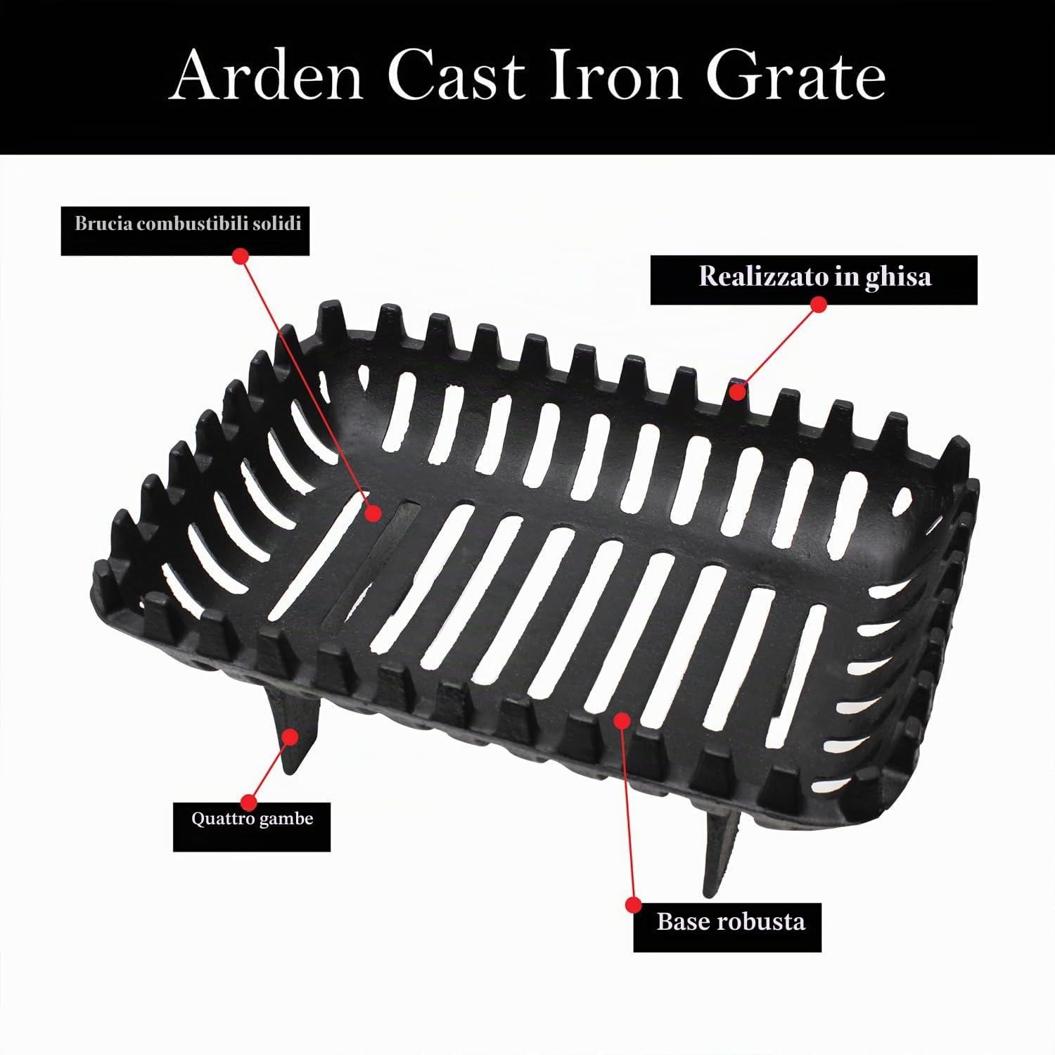 JVL Arden - Griglia per Legna da Camino, in ghisa, 37 x 27 x 16 cm, Colore: Nero