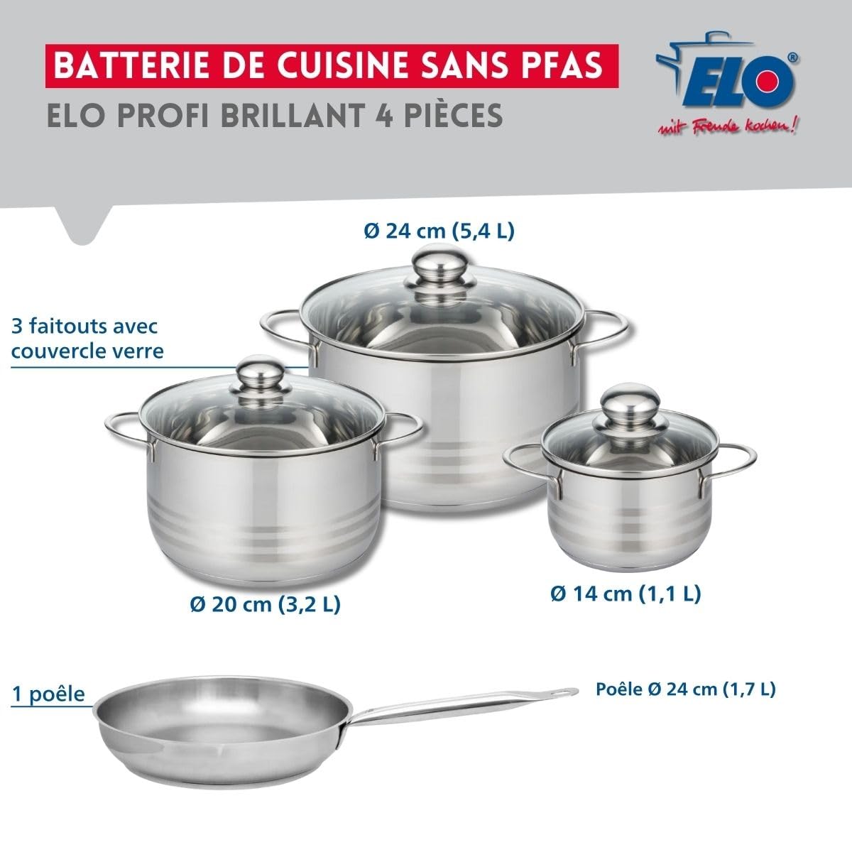ELO 9868250 - Set di 1 padella 24 cm e 3 pentole, 14, 20 e 24 cm Elo Profi lucido, acciaio inox, induzione 9868250