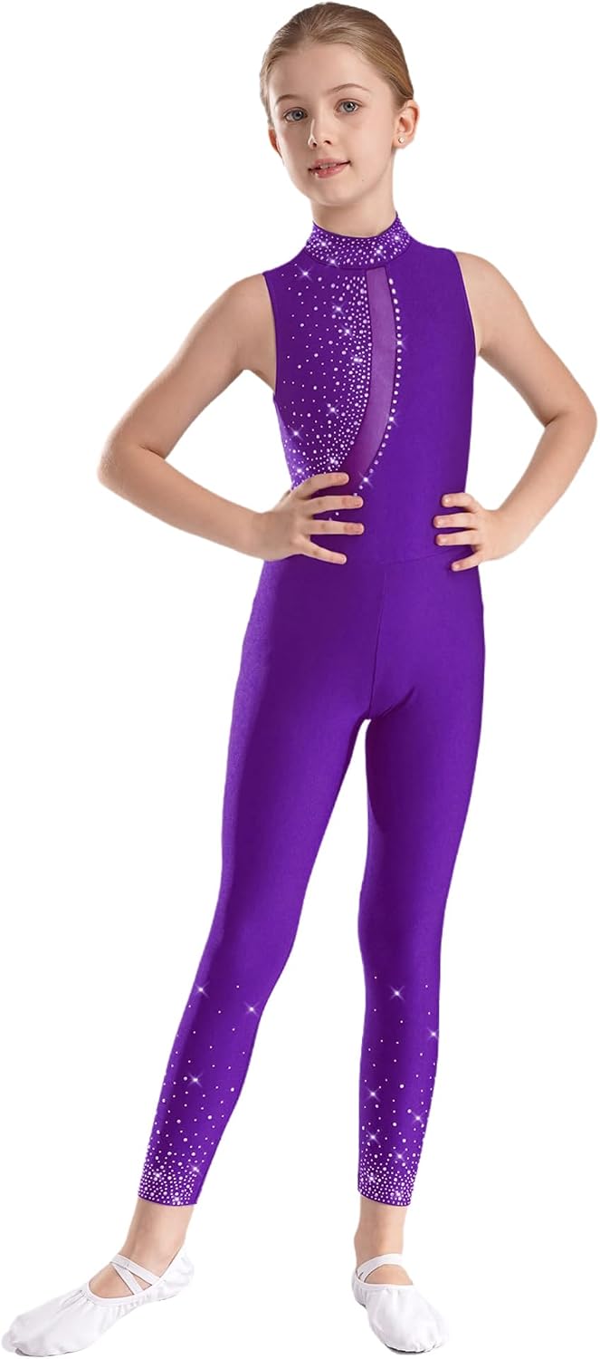 iEFiEL Girls Gymnastics Dance Leotard Sparkle Rhinestone Figure Skating Unitards Sleeveless Cutout Back Ballet Bodysuit
