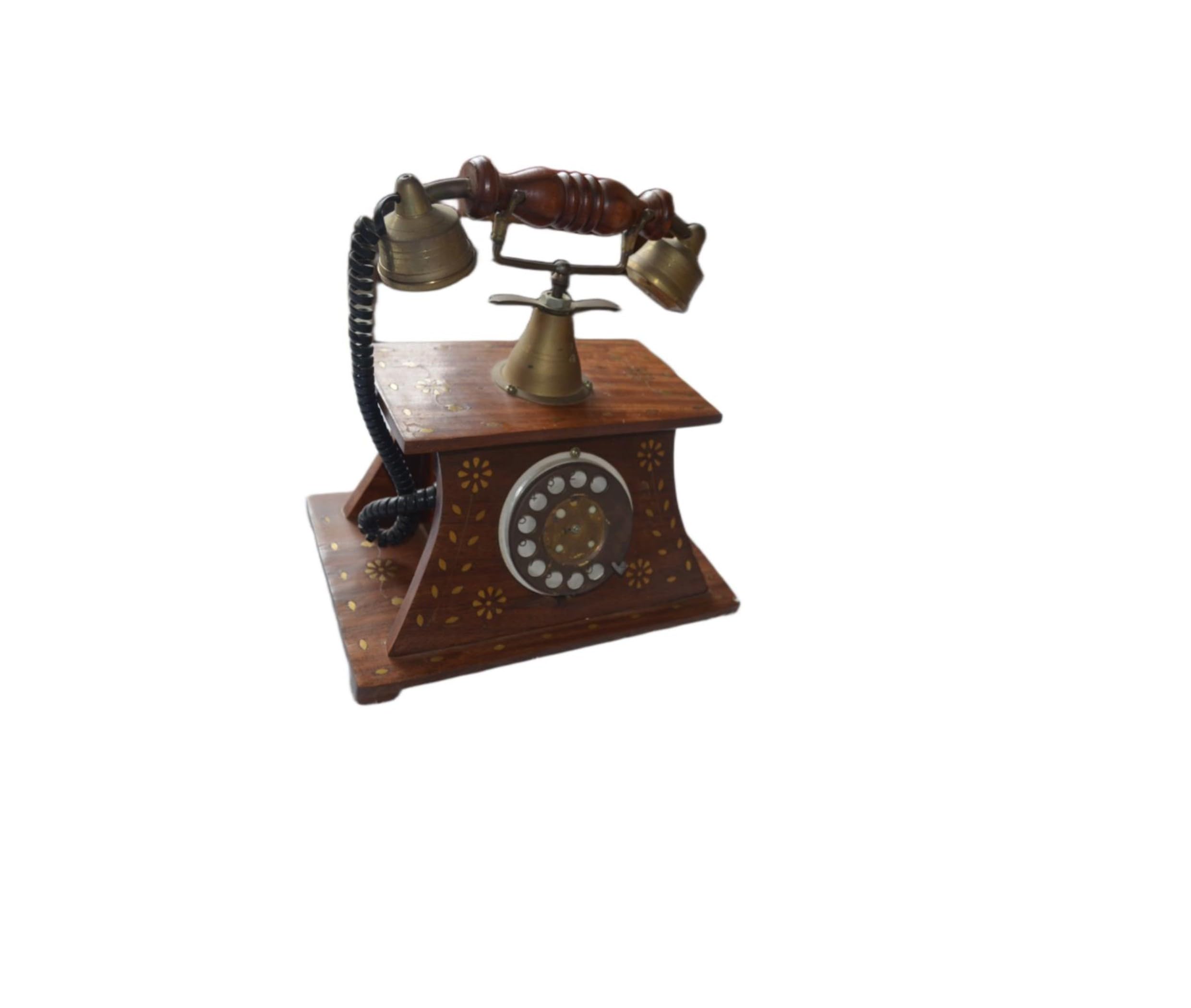 NAMASH Emporio Vintage Wooden Telephone with Rotary Dial, Decorative Antique Style Desk Phone with Brass Accents and Floral Wooden Showpiece-image-6