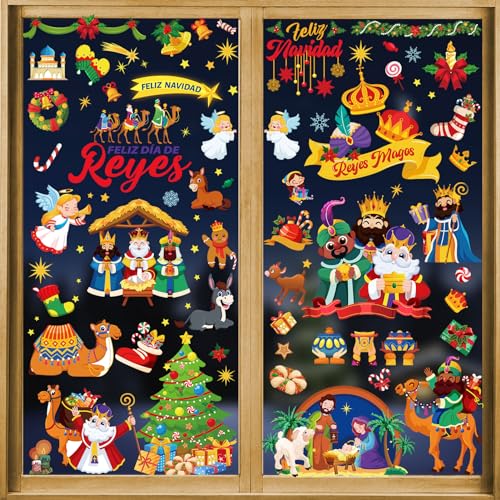 DPKOW Navidad Reyes Magos Pegatinas de Ventanas Decoración, Navidad Nacimiento Pegatinas de Ventanas para Reyes Magos Pared Puerta Casa Decoración
