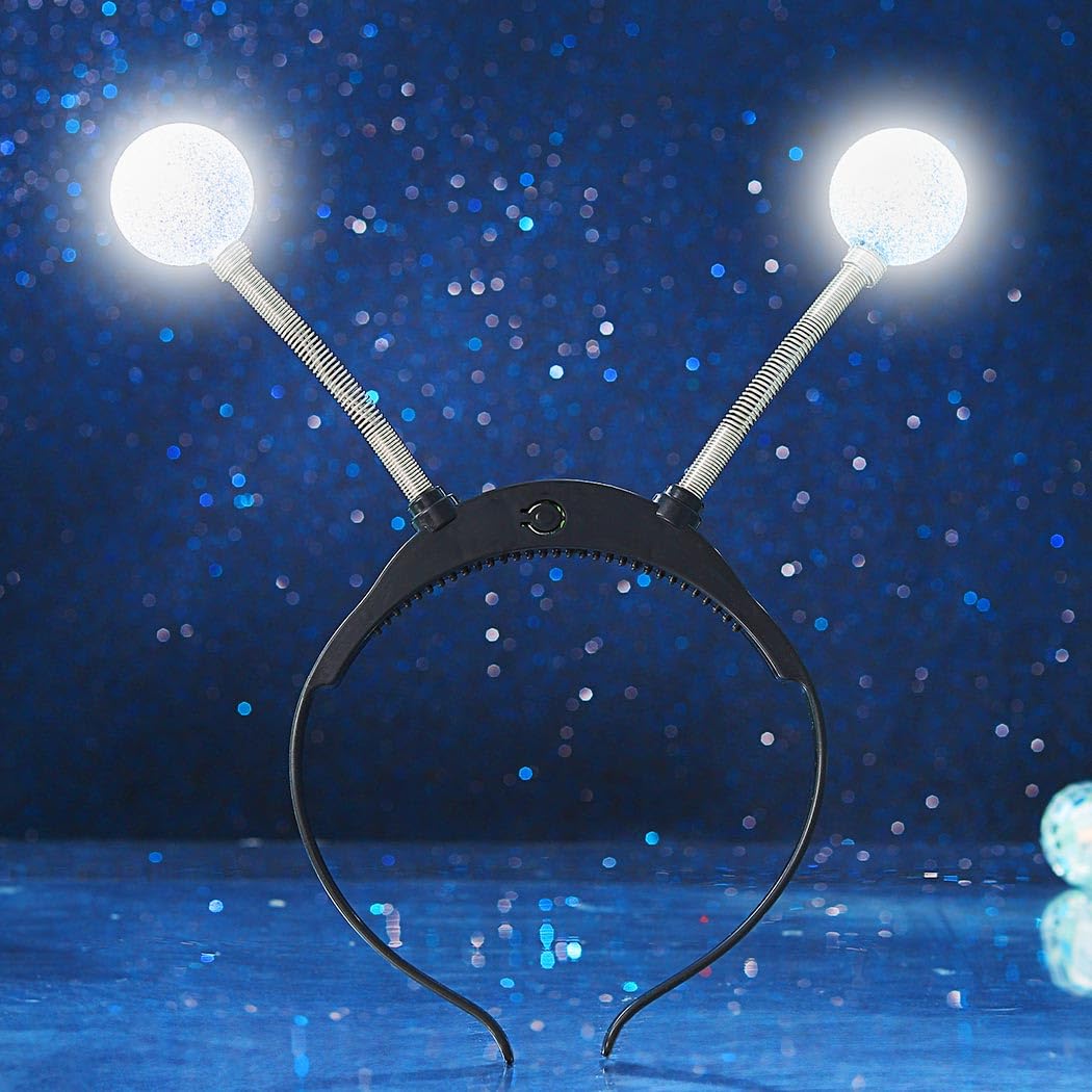 Handcess Light up Alien Headband LED Glitter Alien Antenna Hair Band Glowing Space Costume Hair Hoop Party Rave Hair Accessories for Women (A-Silver