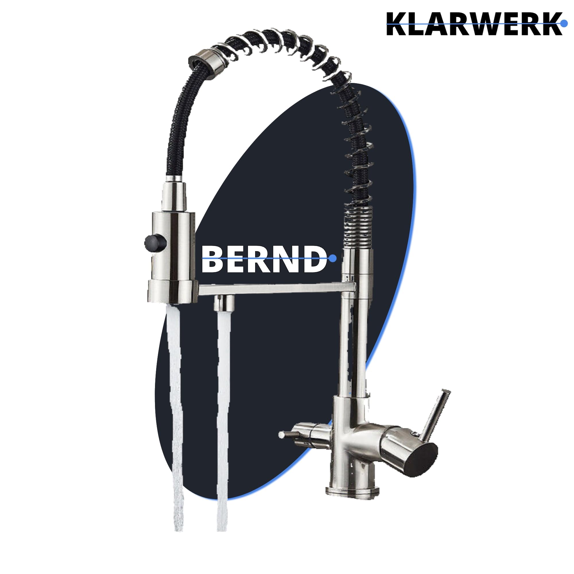 Bernd | Grifo de filtro de 3 vías para gastronomía, plata cepillada, muelle de acero inoxidable, grifo de ósmosis para cocina, grifo mezclador de restaurante giratorio 360°, 2 conexiones