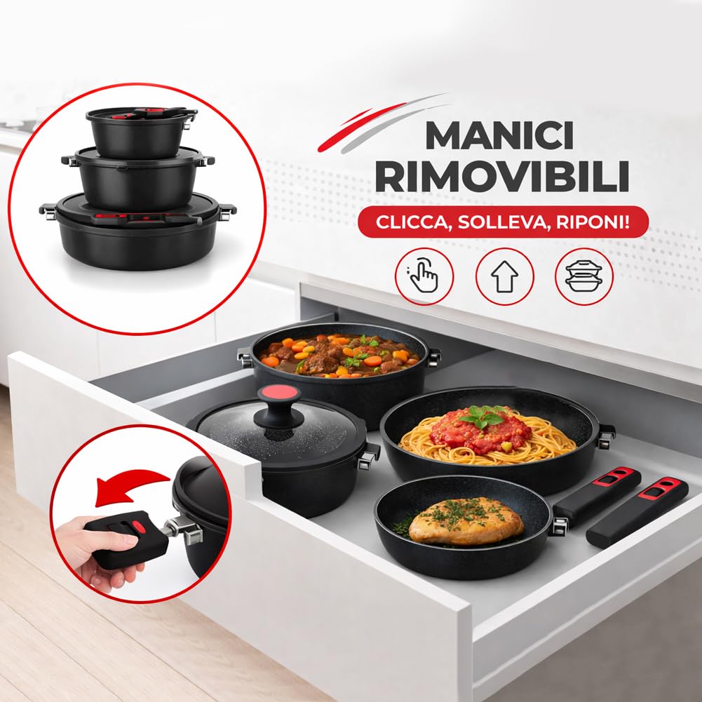 BAKAJI Batteria di Pentole 24 Pezzi Modello Rubino con Manici Removibili in Alluminio Pressofuso Antiaderente, Casseruola e Padella con Manico Amovibile, Coperchi e Mestoli Accessori (Nero)