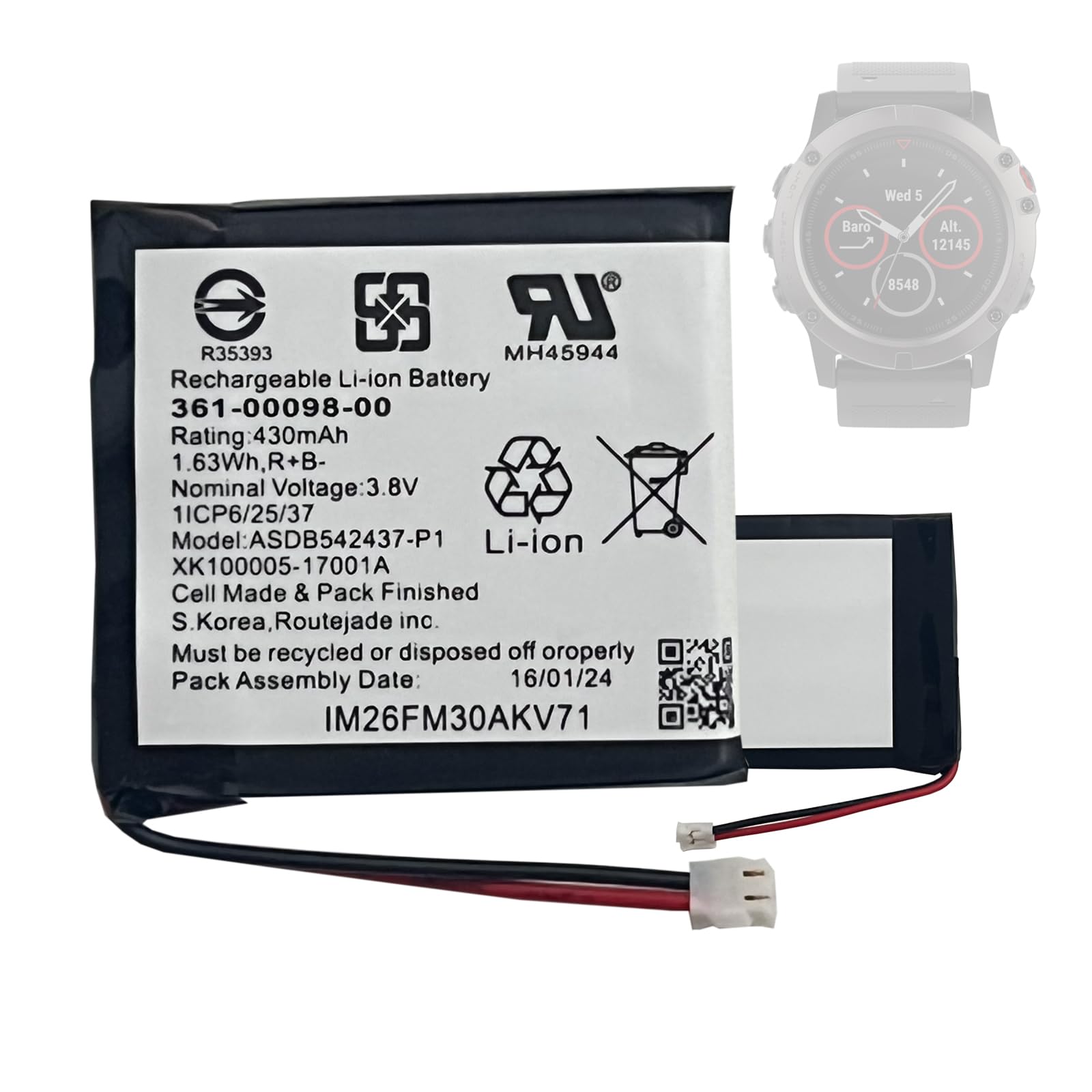 Batteria di ricambio 361-00098-00 Model ASDB542437-P1 compatibile con Gar-min Fenix 5X Running / 5X Plus Smartwatch