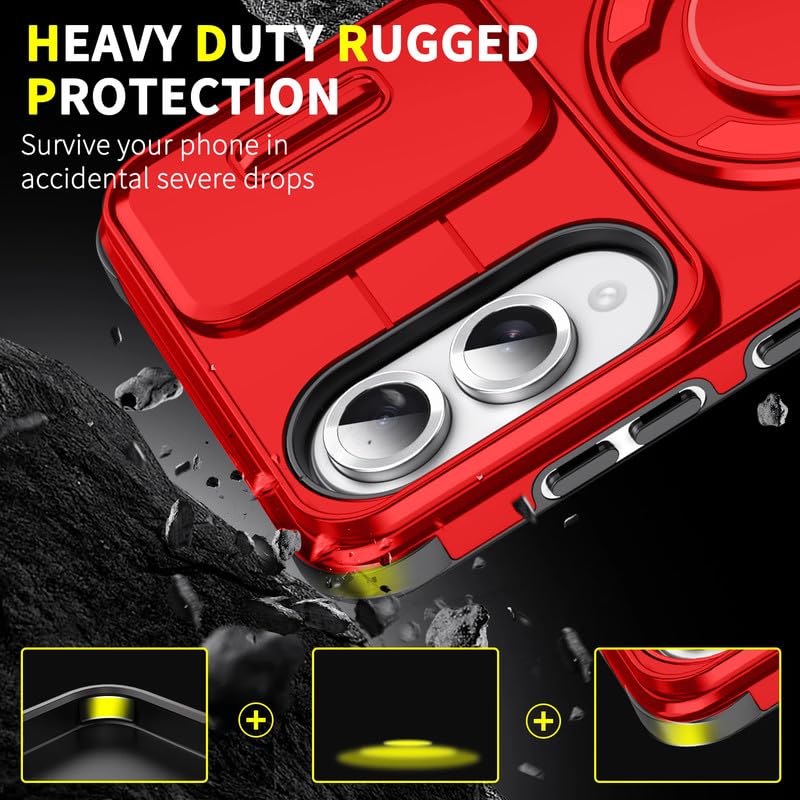 Image of LuxuryKase Shockproof Rugged Case for Samsung Galaxy S25 Edge | Slide Camera Cover | 360 Rotating Ring Kickstand | Military-Grade Protection - Cherry Red