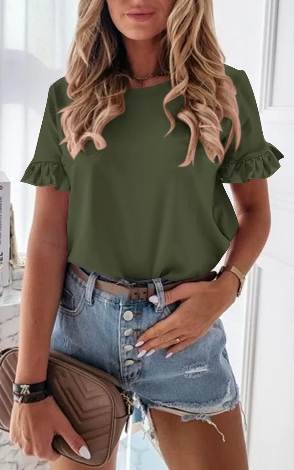 PRETTYGARDEN Women's Short Sleeve Casual T Shirts Summer Ruffle Plain Round Neck Loose Fit Tee Blouse Tops - Image 4