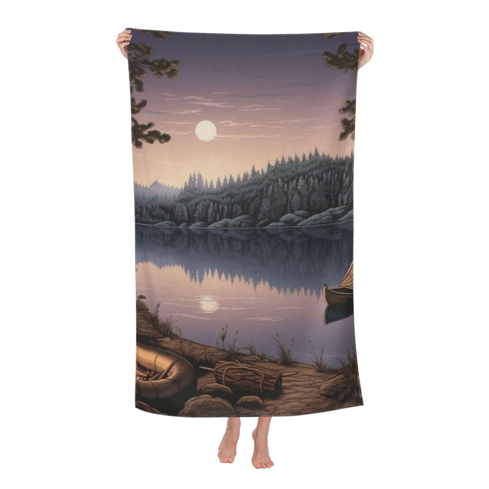 BWWHCCTI Lake Camping Printed Quick Dry Bath Towel, Soft Microfiber Towels Fast Drying Beach Towels for Travel,Camping,Gym,Swimming,Yoga