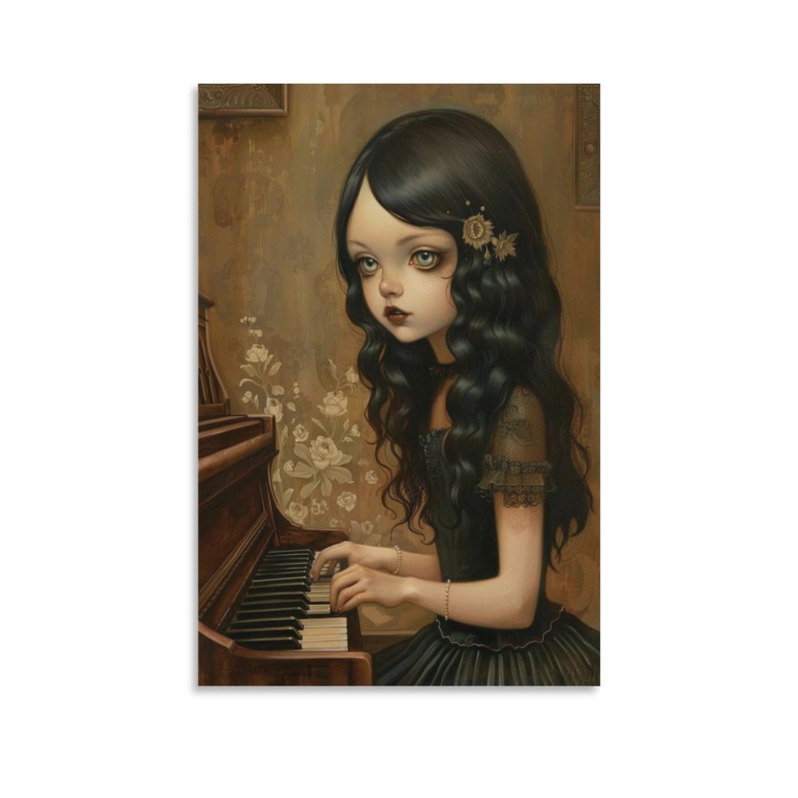 NFFBGFD Mädchen Spielt Klavie - Poster su tela, decorazione per camera da letto, ufficio, stanza, regalo, 60 x 90 cm